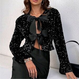 New Luxe Sequin Tie Bow Jacket Top Long Sleeve Black